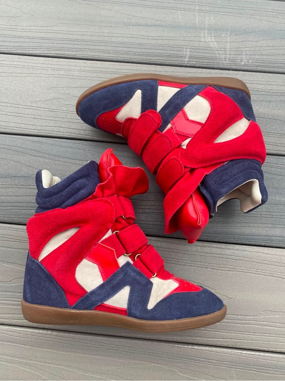 Isabel Marant Red Navy Suede & Canvas Wedge Sneakers